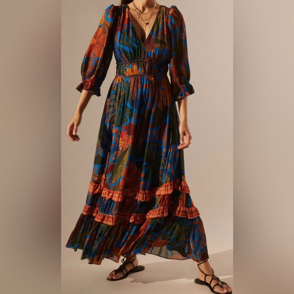 Anthropologie Farm Rio Puff Sleeve Maxi Dress